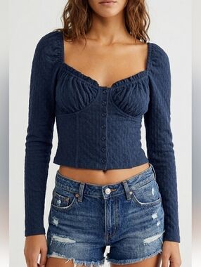 Free People Navy Blue Ladybug Top Size Large Milkmaid Coquette Renaissance